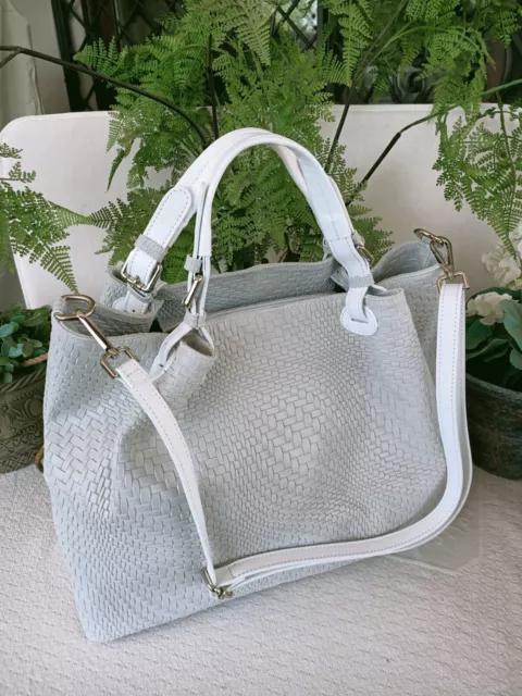 Borsa Vera Pelle bianco ghiaccio stampa intrecciata Maxi bag mano tracolla