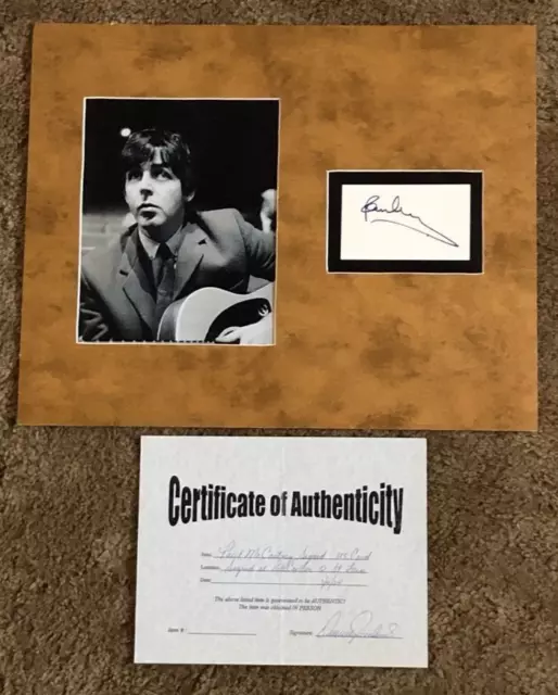 Paul McCartney Autographed 3x5 Card In 20" X 16" Display No Frame With COA