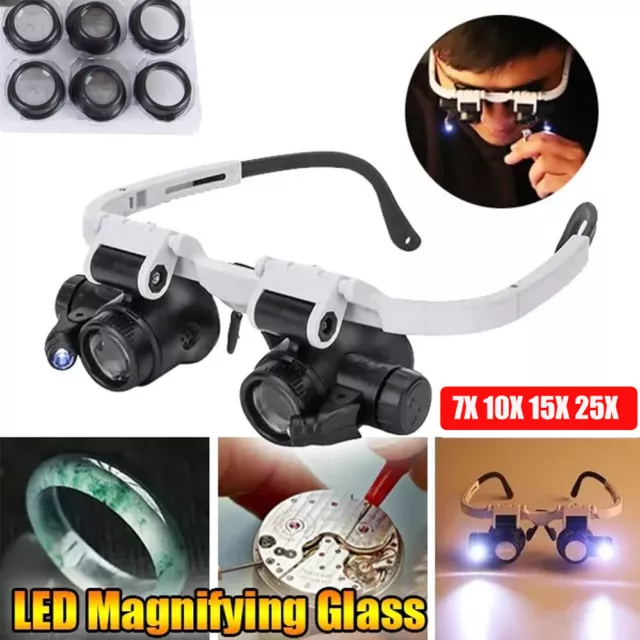 25X Magnifier Headband Magnifying Glasses Jeweler Watch Repair Loupe 2 LED Light