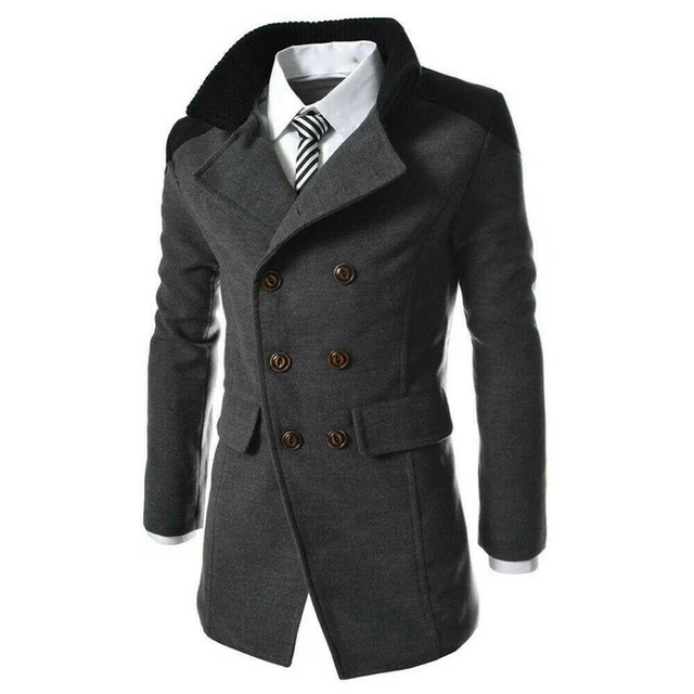 Mens Winter Woolen Long Jacket Trench Coat Double Breasted Warm Overcoat Outwear 4