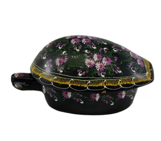Black Lacquered Turtle Tortoise Wood Trinket Ring Pill Box Hand Painted Flowers