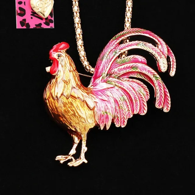 Enamel Chicken Cock Rooster Pendant Betsey Johnson Chain Necklace/Brooch Pin