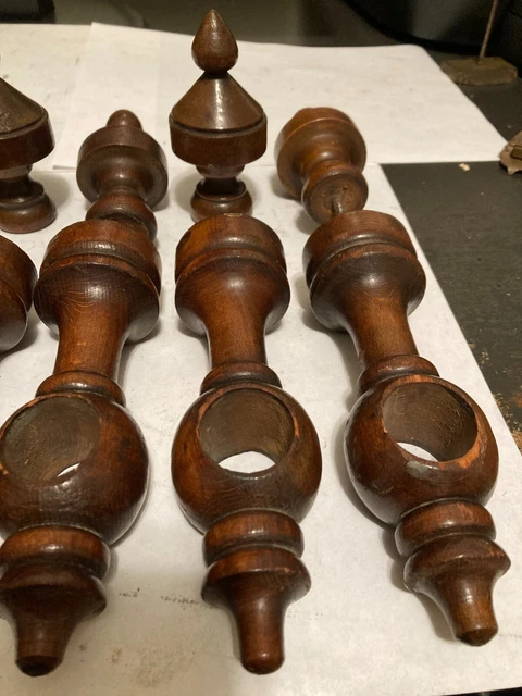 4 Old Sets Arts Craft Victorian Turned Wood Drapery Curtain Rod Brackets Finials 6