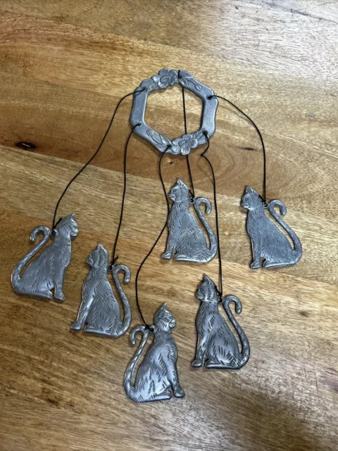 Cat Wind Chime Six Abstract Feline Art Speckled Silver Metal Patio Garden Decor