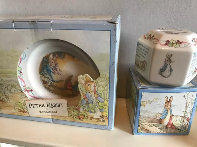 Wedgewood Peter Rabbit Plate Cup Bowl Set + Money Box