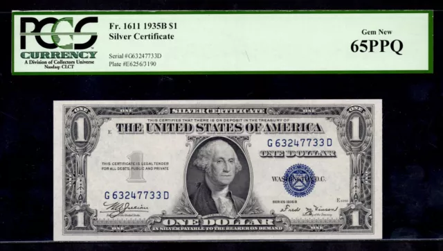 UNITED STATES 1935B $1 Silver Certificate. FR#: 1611. PCGS Graded: 65 PPQ.  GEM