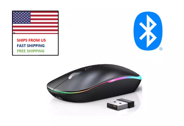 Black RGB LED Wireless Optical Mouse Rechargeable Bluetooth Dongle Receive 2.4G