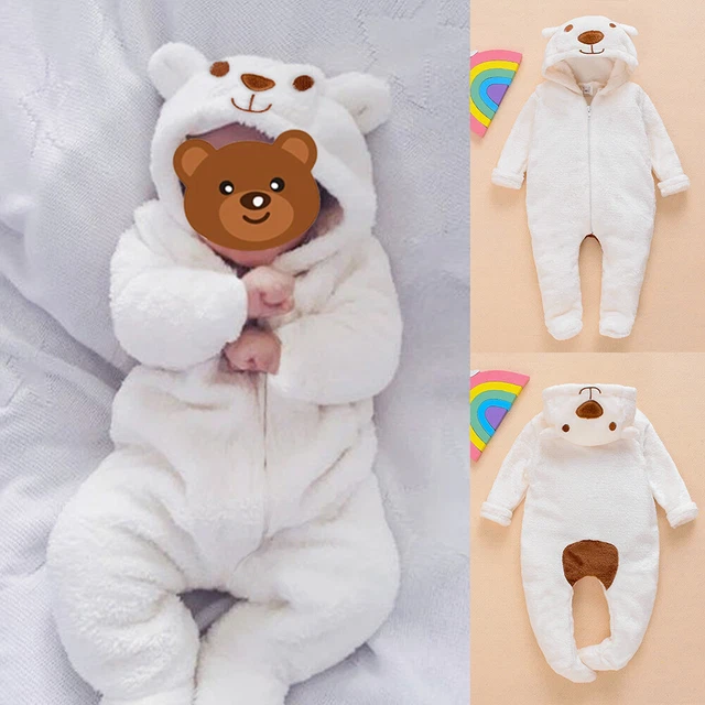 Newborn Baby Boys Girls Fleece Hooded Bodysuit Winter Warm Romper Jumpsuit UK