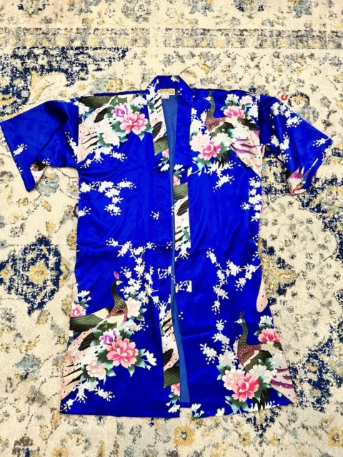 Oriental Village children’s XL 100% silk blue kimono robe Peacock Floral