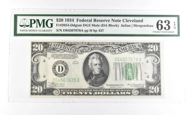 PMG63 Choice Unc EPQ 1934 $20 Cleveland OH US FRN Green Seal Fr#2054-Ddgsm *0947