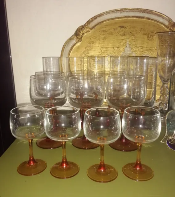 Collection Of 16 Retro Vintage Amber Stemmed Glasses, Wine, Champagne, Port