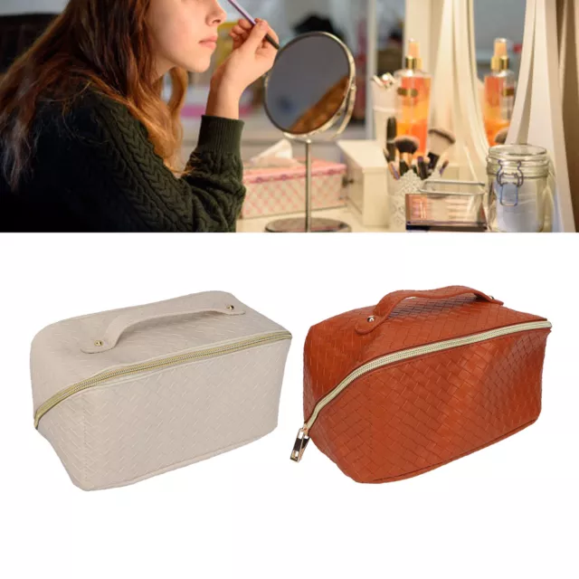 Makeup Storage Bag PU Leather Woven Pattern Zipper Closure Cosmetic Organize NDE