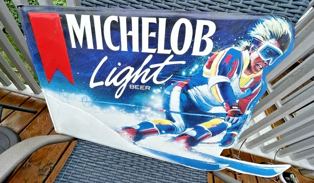 MICHELOB LT DOWNHILL SKIING ANHEISER BUSCH ST LOUIS  4/90 SIGNET metal sign VTG