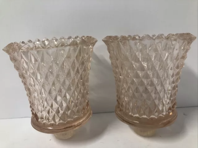 Set Of 2 Vintage HOMCO Pink Glass Candle Holder Peg Diamond Cut Votive Cups