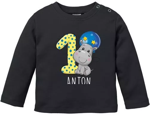 personalisiertes Baby Langarmshirt mit Namen Zahl 1 Geburtstagsshirt Nilpferd