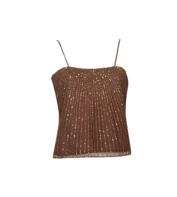 Top donna PALME marrone perline paillettes spalline elegante taglia S new