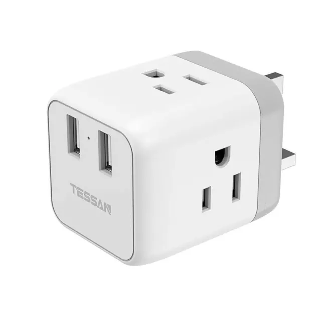 UK Plug Adapter,3 US Outlets+2 USB Charging Ports,3250W 31A for UK  Ireland