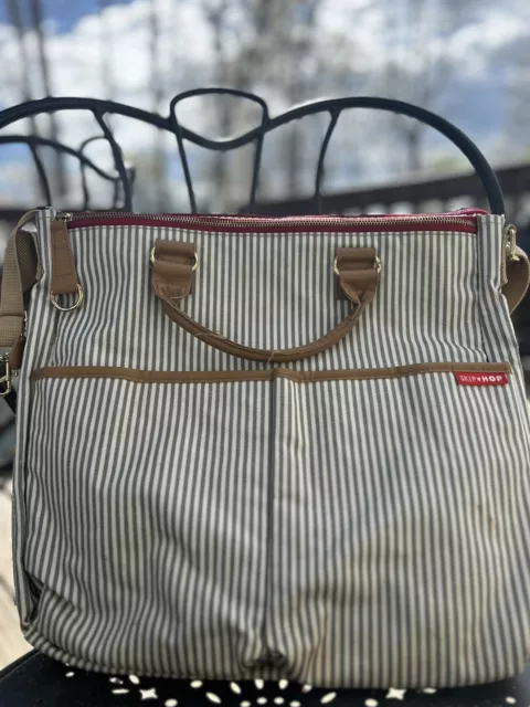 Skip Hop Duo Diaper Bag Special Edition Luxe French Stripe Pockets Gray White