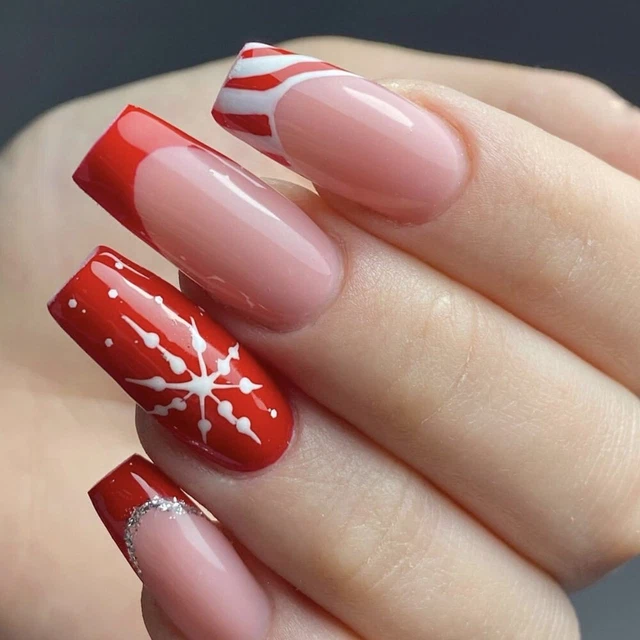 Wearable Manicure Christmas French Fake Nails Square Head Press on Nails  Girl