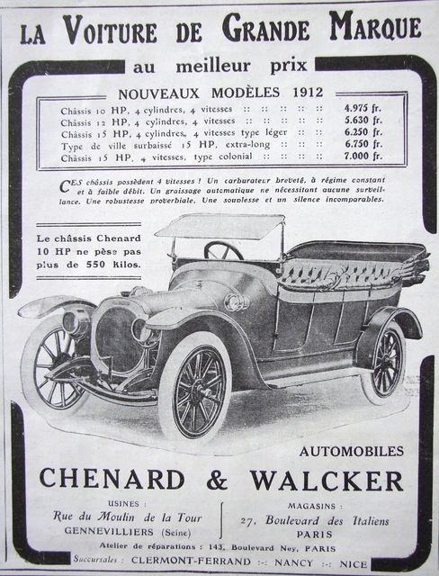 Publicité De Presse 1912 Automobiles Chenard & Walcker Voiture De Grande Marque