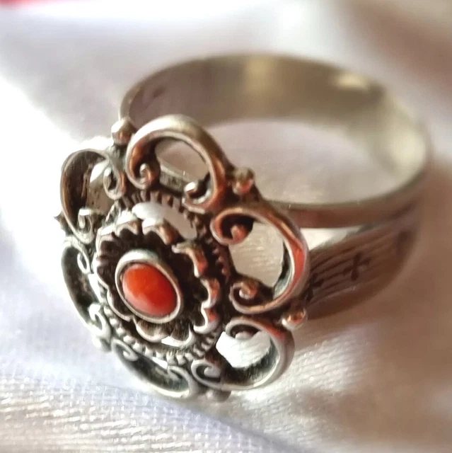 Bague Art Nouveau Jugendstil En Argent 835 Et Corail Rouge - Taille 58, Occasion