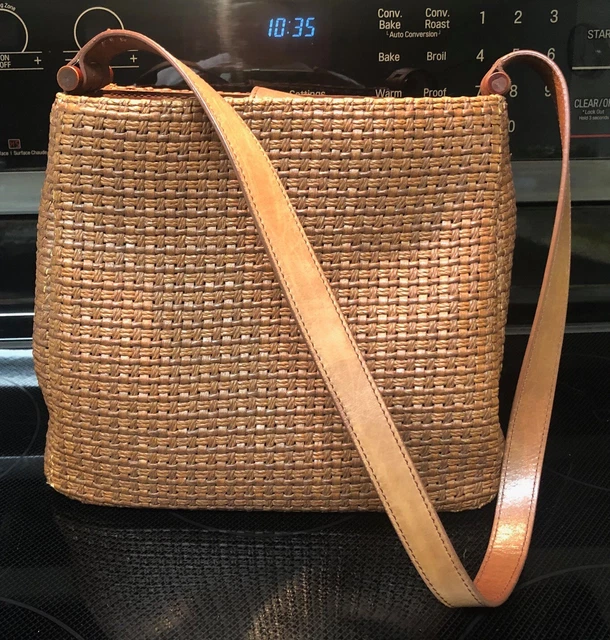 Fossil brown shoulder bag purse basket weave leather square VTG