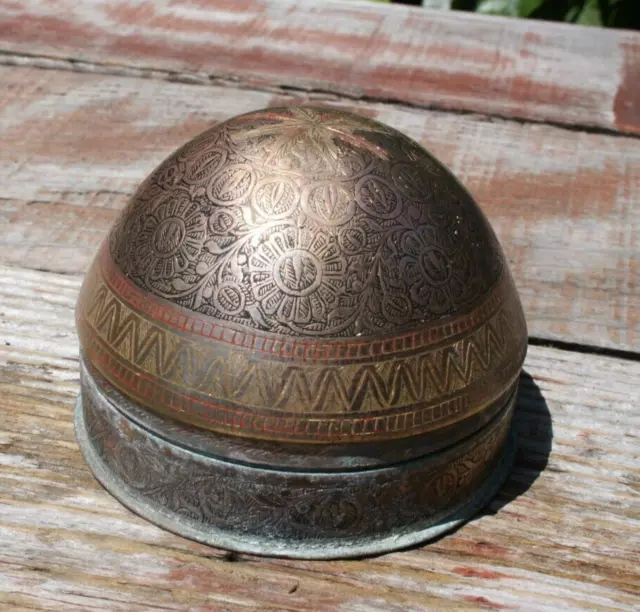 Vintage Indian Brass Box Unique Collectable  Hand Carving Domed Box