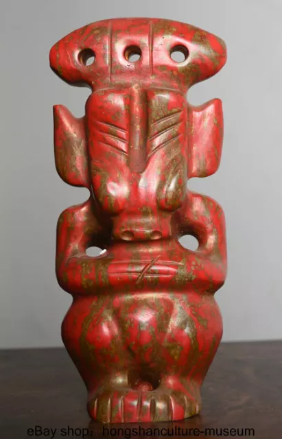 8" Rare Hongshan Culture Old Jade Red Turquoise Carved Cattle Sun God Statue