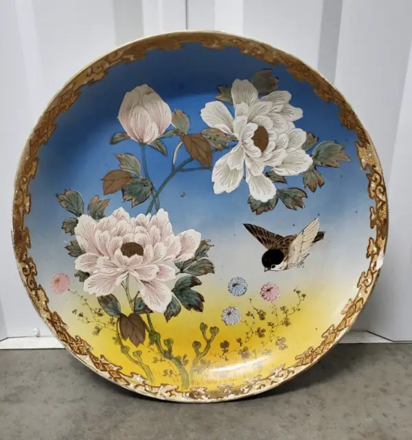 Big 18"inch Antique Japanese Meiji Charger Plate Birds & Flower Satsuma Oriental