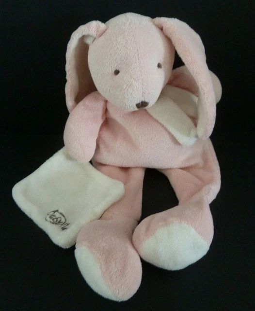 J7. DOUDOU PELUCHE BABY NAT LAPIN LAYETTE ROSE MOUCHOIR BLANC ECHARPE 29cm - TBE