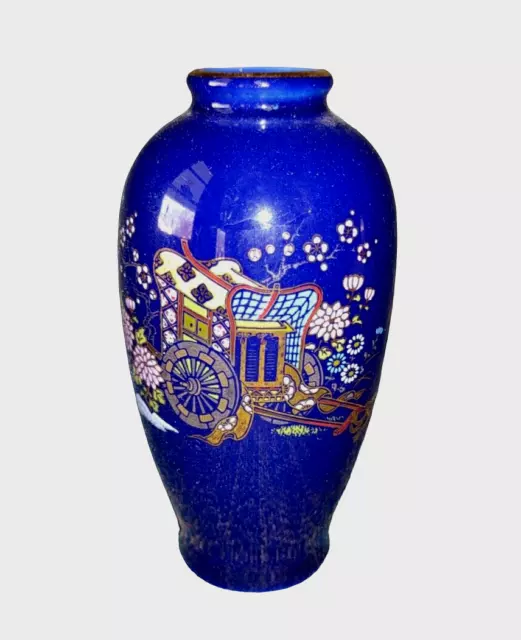 Vintage Japanese Cobalt Blue Gold Porcelain Miniature Floral Bud Vase Rickshaw