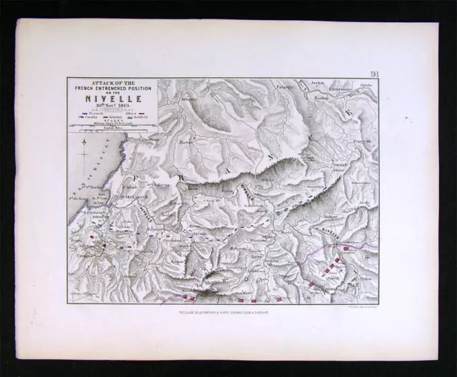 1855 Johnston Military Map Napoleon Battle of Nivelle French Entrenchment France