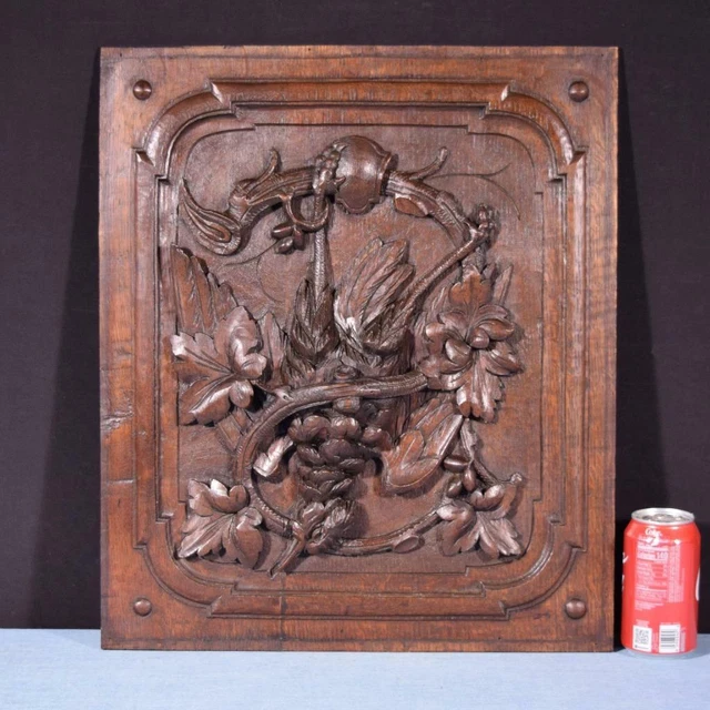 *French Antique Deeply Carved Oak Wood Panel with & Bird Hunting Salvage