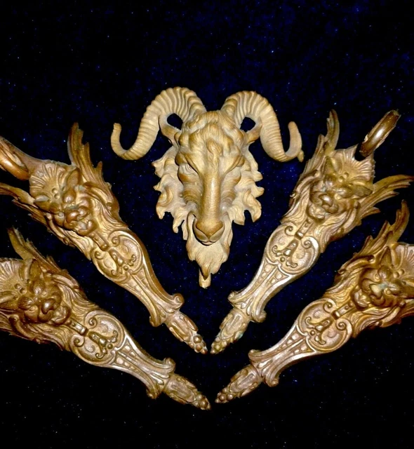 Five French Antique Brass / Bronze  Pediments Mounts Decors Ram Head Lion Heads