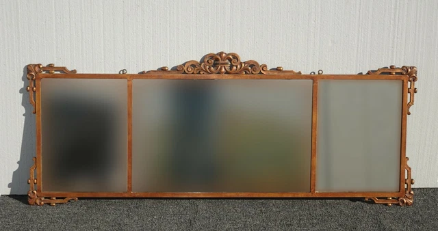 Vintage French Wrought Iron Three Panel Bronze Rectangle Wall Mantle Mirror