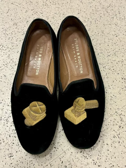 Stubbs & Wootton Black Gold Embroidery Velvet Slipper Smoking Flats SZ 9