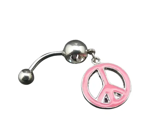 Pink Peace Sign Dangle Belly Button Ring Clear CZ Gem Hippie 60's Surgical Steel