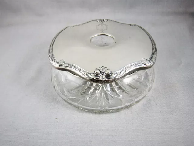Antique cut etched glass sterling silver repoussé lid vanity jar hair receiver T