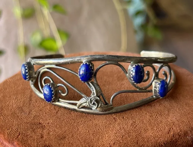 NAVAJO Signed JERRY COWBOY Sterling Silver Lapis Open Work Cuff Bracelet Native