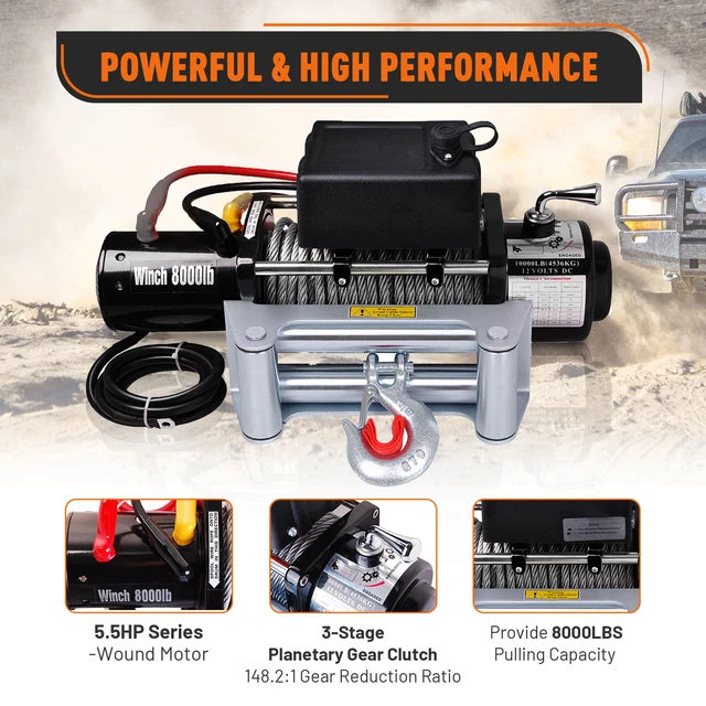 Electric Winch 8000LBS 12V Synthetic Rope Towing Truck Off Road 4wd 5.5HP Puller