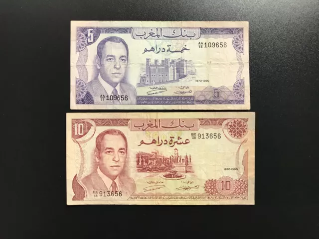 Morocco 5, 10 Dirhams Banknotes 1970 old Used Paper Money Bank Bills 2pcs/ Lot