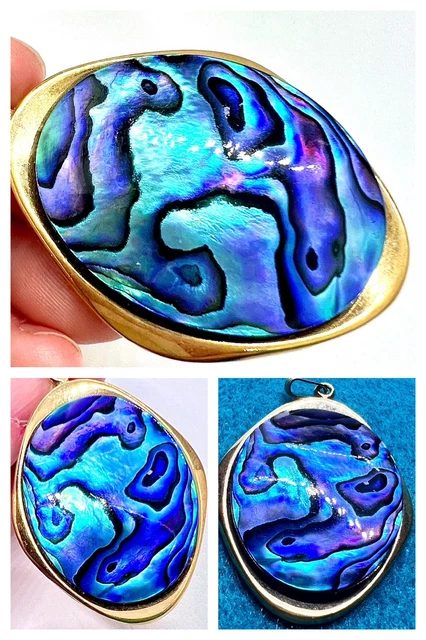 NATURAL VINTAGE GOLD Paua Shell Abalone Pendant Antique Jewelry New 