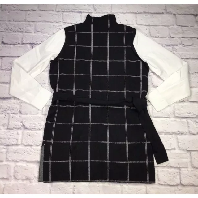 Tahari Womens Windowpane Long Belted Tunic Blouse Black White Size Small 2