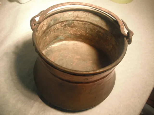 19th Century Antique Copper Cauldron Pot Hand Pounded Bucket Kettle Iron Handle