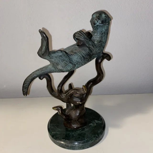 SPI Gallery Bronze Statue of Sea Otter On Back Holding Shell 10.5” Marble RARE! 2