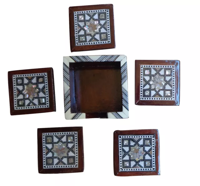 Egyptian inlaid Mother of Pearl Coaster Set 6 Pieces Handmade Coffee Table 3.5"