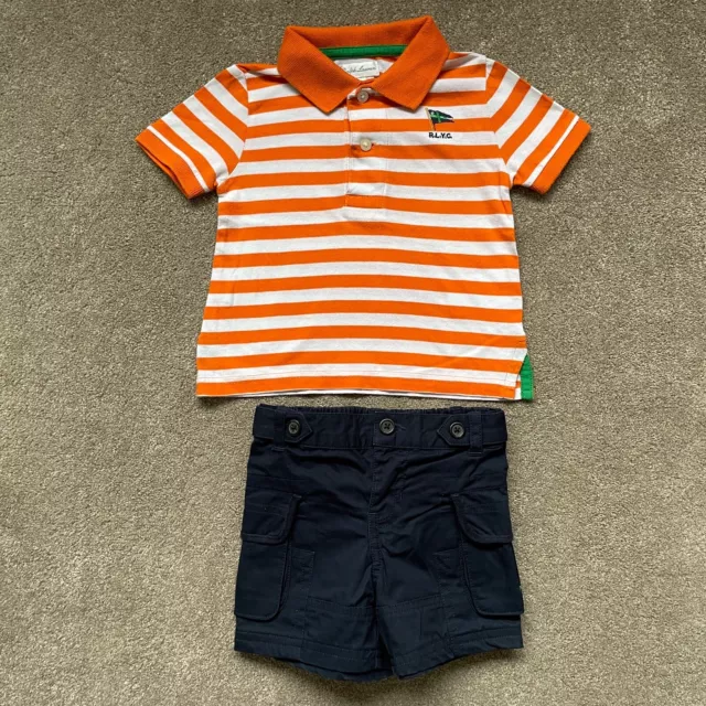 Ralph Lauren Boys Age 9m 9 Months Set Striped Polo Shirt & Navy Blue Shorts