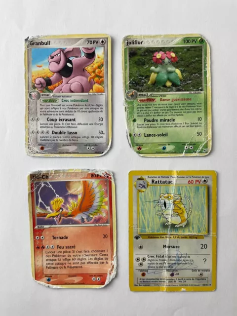 Lot de 4 cartes Pokémon™ rares & abimées (Ho-Oh, Grandbull, Joliflor, Rattatac)