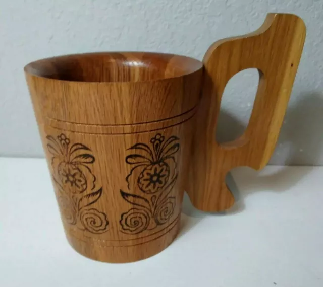 COLLECTIBLE OVERSIZED WOODEN MUG ENGRAVED FLORAL DESIGN w/LARGE UNIQUE HANDLE