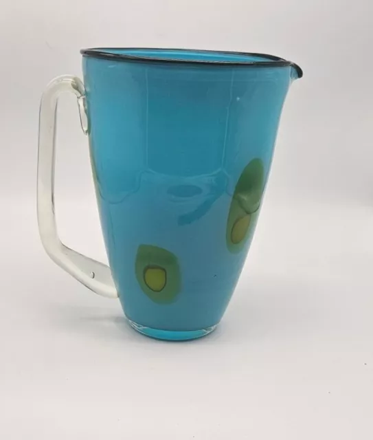 Vintage Hand Blown Glass Teal And Lime Dot Pitcher Peacock Applied Handle